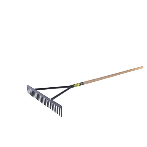 Heavy-duty asphalt rake with a 24-teeth steel head and 1.5m wooden handle for efficient landscaping and roadwork.