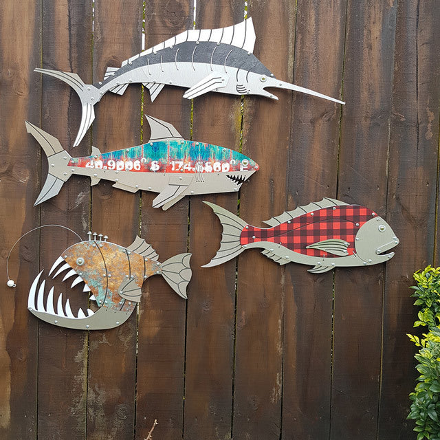 Layered Fish Marlin wall art, 925mm x 380mm, handcrafted for fishing enthusiasts, perfect for home or office decor.