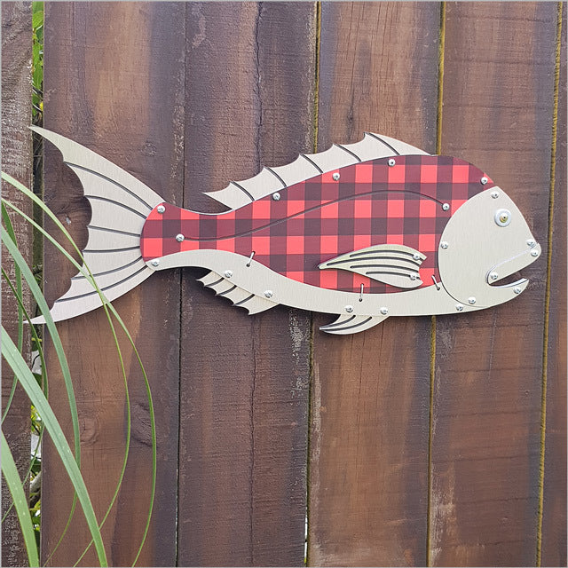 Layered Fish Snapper wall art, hand-assembled, 600mm, ideal for marine decor and easy to hang with pre-drilled keyhole.