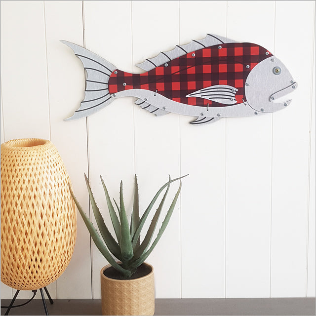 Layered Fish Snapper wall art, 600mm, handcrafted with CNC-cut materials, perfect for marine decor and easy to hang.