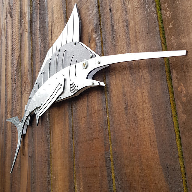 Layered Fish Marlin wall art, 925mm, expertly crafted for fishing enthusiasts, ready to hang and beautifully presented in a gift box.