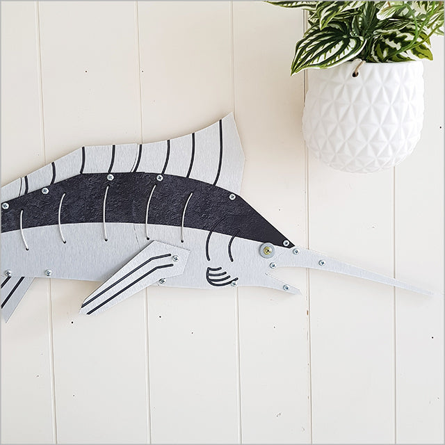 Layered Fish Marlin wall art, expertly crafted, measuring 925mm, perfect for marine enthusiasts and versatile decor.