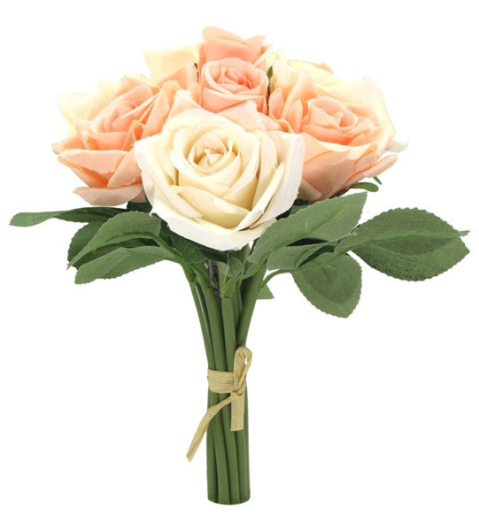 Lifelike coral rose bouquet, 27cm tall, perfect for home decor or gifts, adding vibrant color without maintenance.