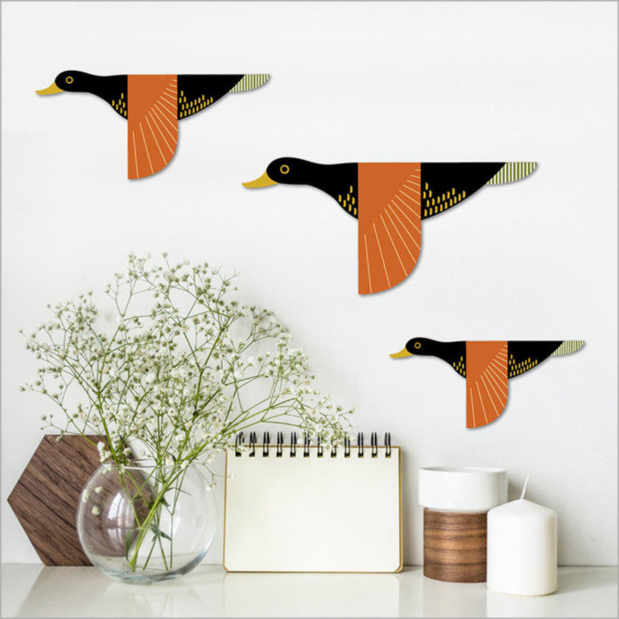 Wall art set featuring 3 whimsical Folk Duck designs printed on brushed silver ACM for indoor or outdoor decor.