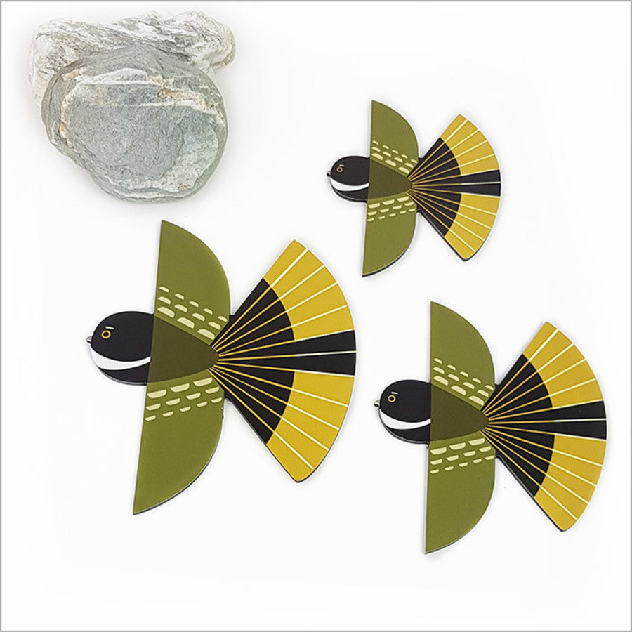 Set of 3 Kiwiana-inspired fantail birds printed on brushed silver ACM, perfect for indoor or sheltered outdoor decor.