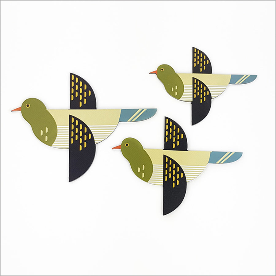 Vibrant ACM wall art set of 3 Folk Kereru birds, showcasing New Zealand wildlife in vivid colors, perfect for decor.