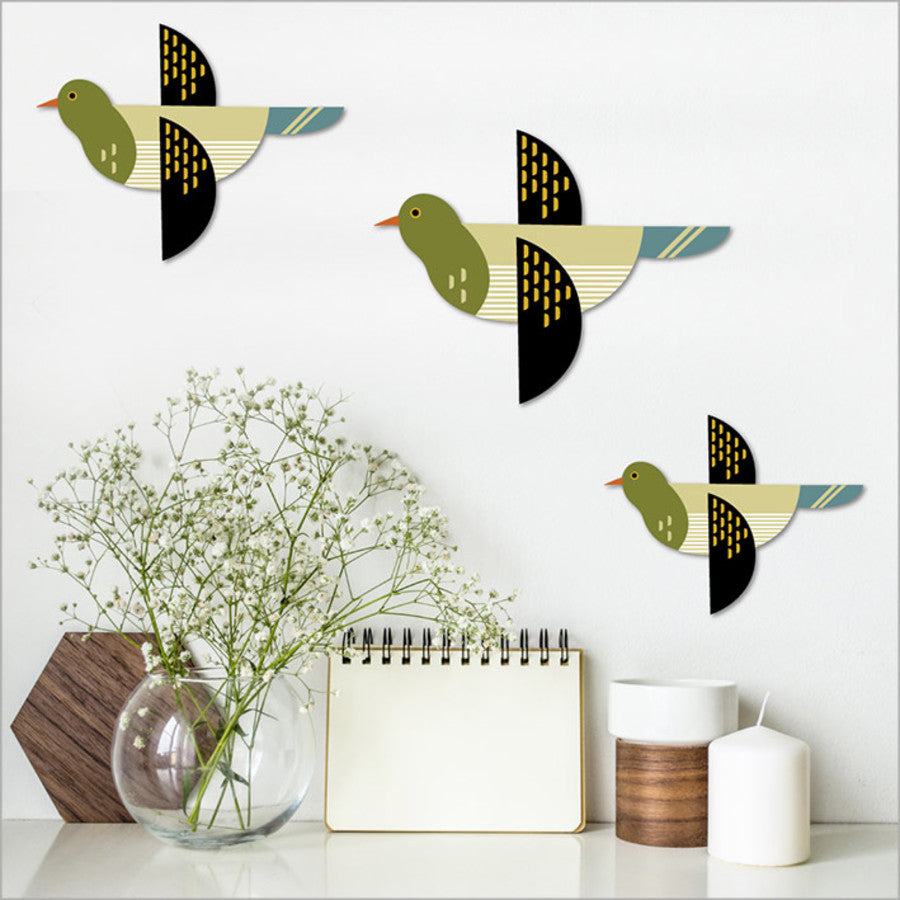 Wall art set featuring vibrant Folk Kereru designs on brushed silver ACM, perfect for Kiwiana-style home decor.