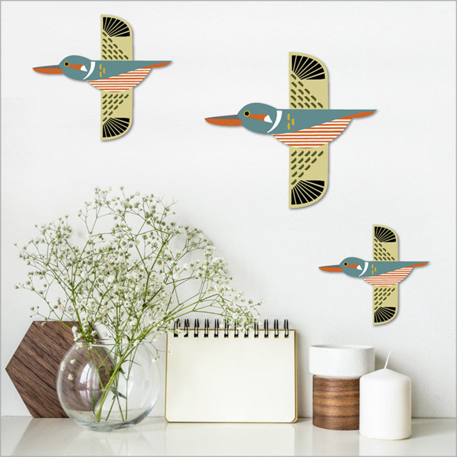 Set of 3 Folk Kingfisher wall art pieces printed on brushed ACM, ideal for Kiwiana-inspired home decor.
