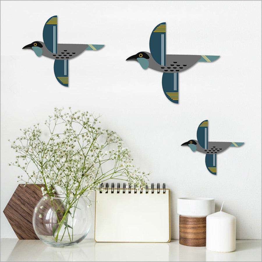 Set of 3 Kokako wall art prints on ACM with brushed silver finish, showcasing New Zealand's native birds in stunning detail.