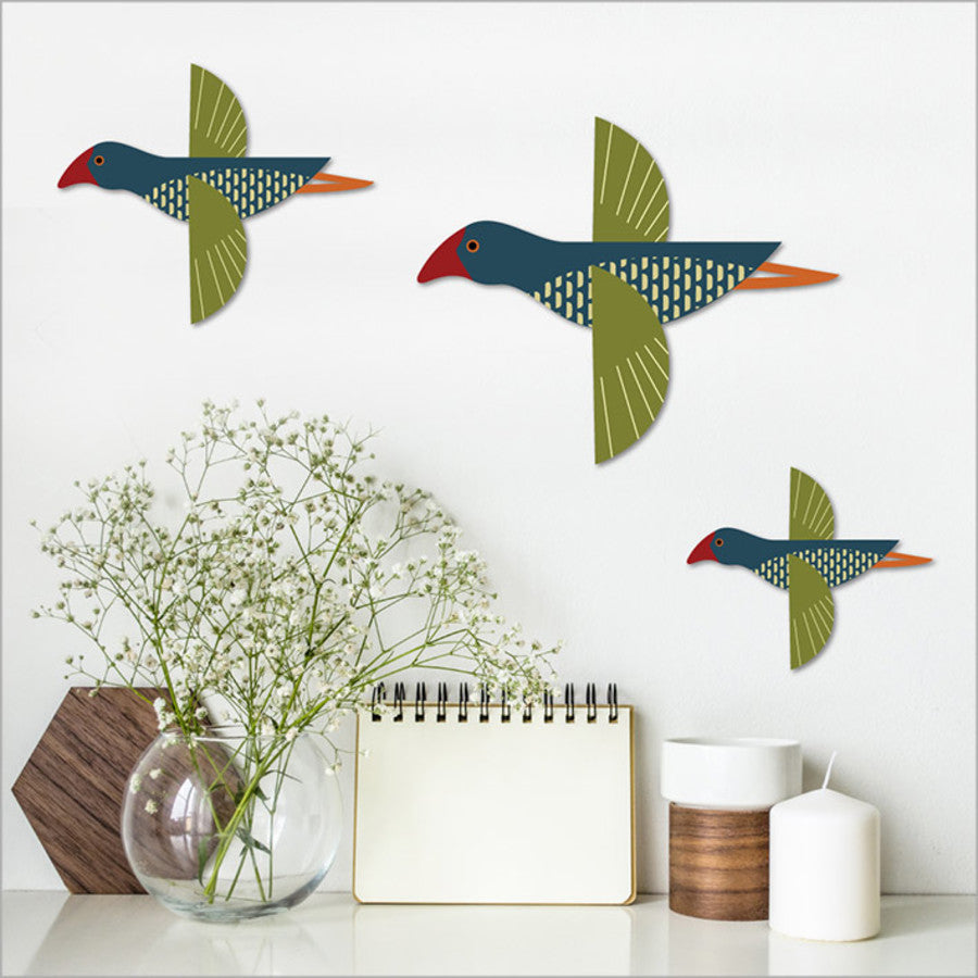 Wall art set of 3, featuring vibrant Pukeko bird designs on brushed silver ACM, perfect for indoor and covered outdoor display.
