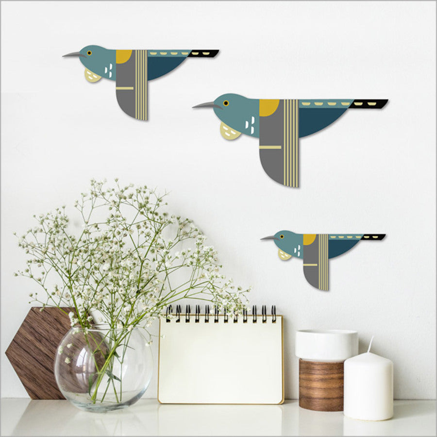 Kiwiana wall art set featuring three printed ACM Tui birds, ideal for adding natural beauty to any space.