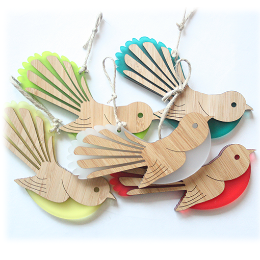 Yellow Fantail Ornament made of laser-cut bamboo and satin acrylic, perfect for holiday decor or gifting.