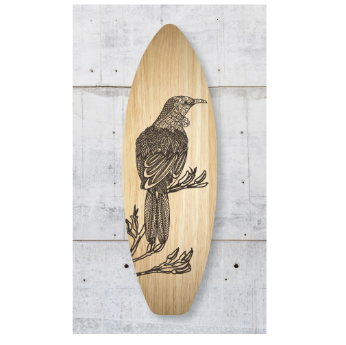 Zentangle Tui wall art on eco-friendly wood, ready to hang, measuring 160mm x 500mm. Perfect gift packaging.