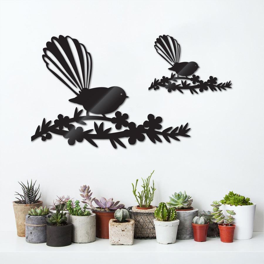 Kiwiana wall art depicting a detailed Fantail on vibrant Manuka flowers, perfect for enhancing any indoor or outdoor space.