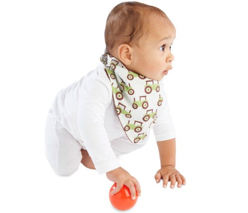 Fashion Bandana Wonder Bib in Tractors/Chocolate print; stylish, reversible, 3-layer bib for toddlers, perfect for mealtime and play.