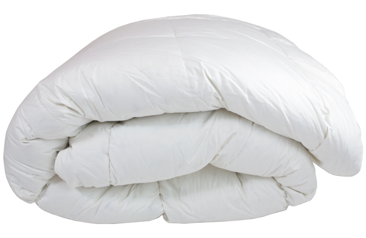 Double mattress topper filled with 75/25 goose down and feathers for enhanced comfort and support.