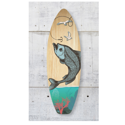 Vibrant surfboard wall art featuring fishing motifs, printed on eco-friendly pine ply, perfect for coastal decor.