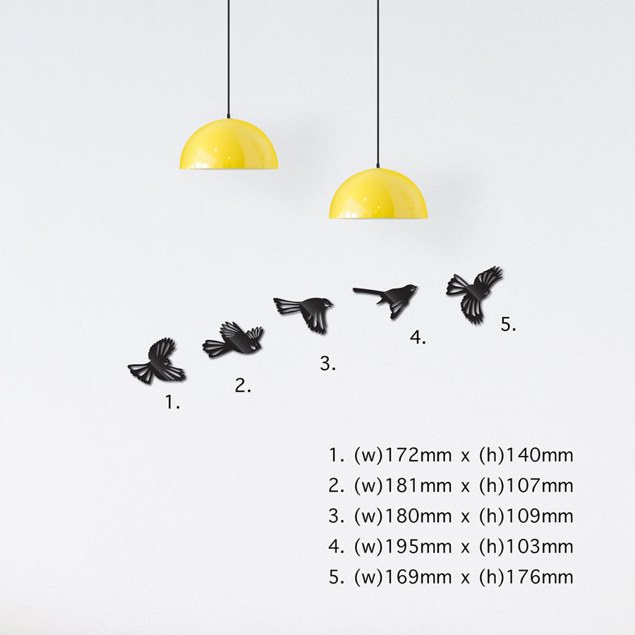 Kiwiana wall art featuring a vibrant flock of fantails, crafted from durable Aluminium Composite Material for versatile decor.