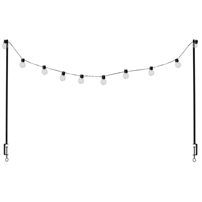 Black table clamp with solar lights, adjustable for tables up to 97mm thick, perfect for outdoor ambiance and gatherings.