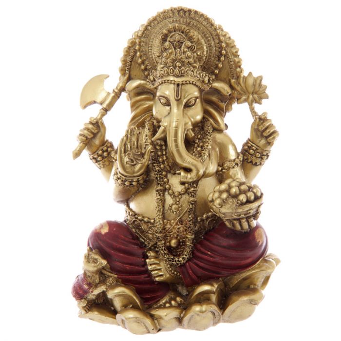 Golden and red 16cm Ganesh statue, symbolizing wisdom and prosperity, perfect for home decor and spiritual elegance.