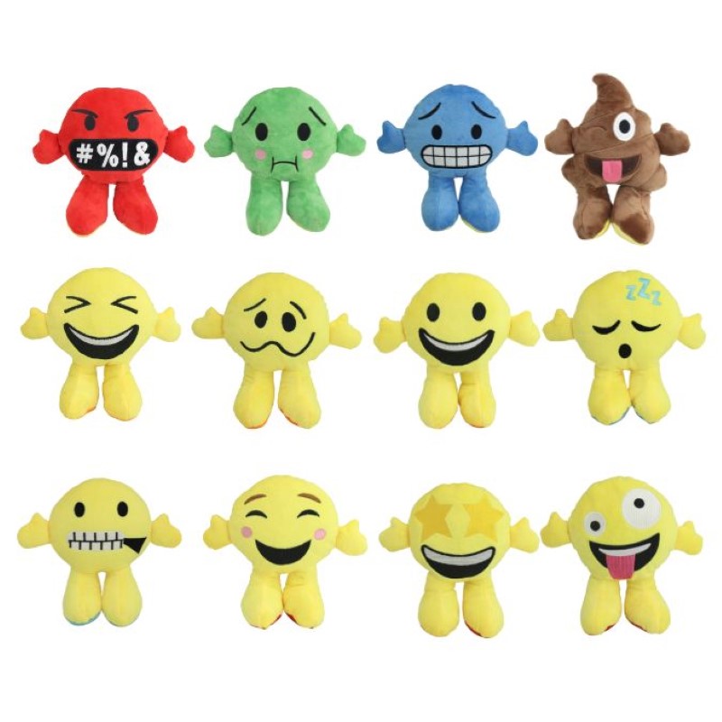 Assorted set of 12 yellow emoji plush toys, perfect for playtime, decor, and cheerful gifts.