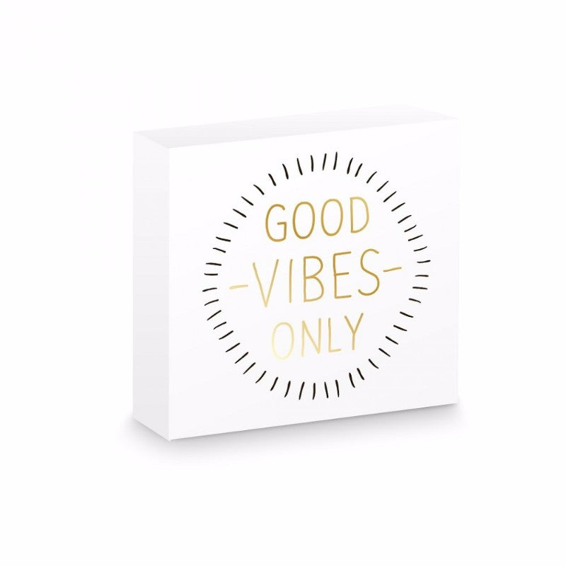 Good Vibes Wooden Block Art with bold black and gold print, perfect for tabletop display or wall mounting, 15 x 15 x 3 cm.
