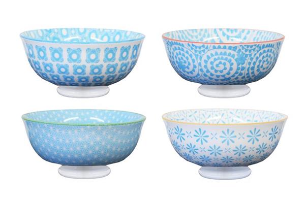 Set of 4 powder blue ceramic serving bowls featuring unique village kiln craftsmanship, perfect for snacks and appetizers.
