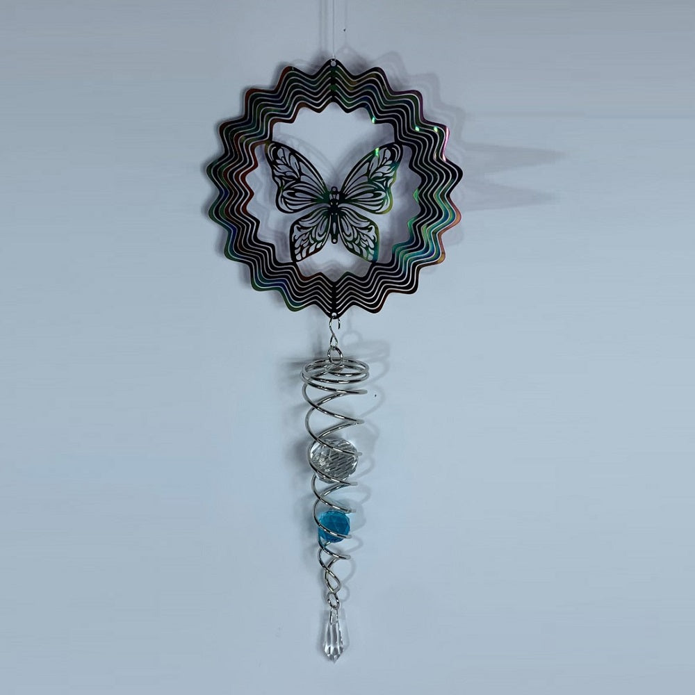 Colorful 3D butterfly wind spinner with vortex feature, enhancing outdoor decor with motion and light effects in gardens.