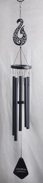 Black 40" Kiwiana wind chime featuring a handcrafted hei matau, symbolizing strength and safe travels. Perfect for outdoor decor.