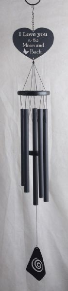 Elegant 40” black wind chime inscribed with "Love You To The Moon And Back," adding tranquility to outdoor spaces.