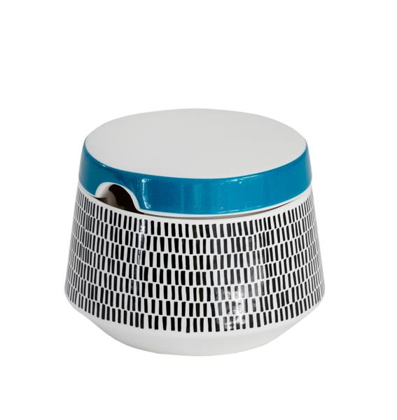 Ceramic sugar bowl in black, blue, and white, perfect for serving tea and coffee, measuring 9x7cm.