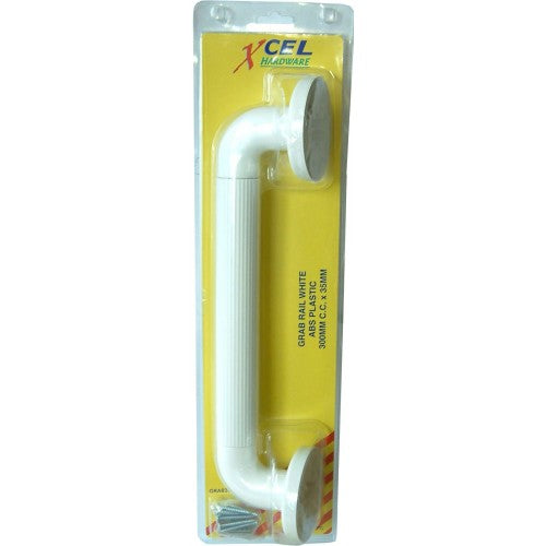 White ABS plastic grab rail measuring 300mm C.C. with a 35mm diameter, ideal for enhancing safety in various areas.