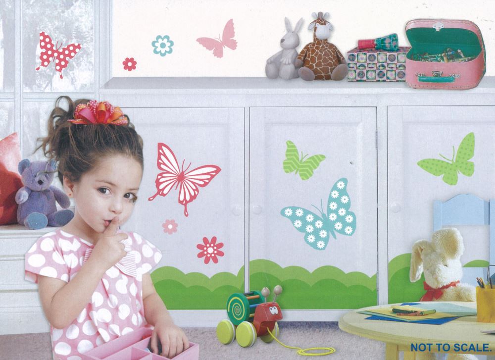 Vibrant butterfly wall decals in various sizes, removable, repositionable, and featuring enchanting glitter for magical decor.