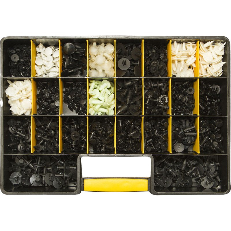 Assorted GTi 800 PC trim clips in a durable case, featuring 800 pieces for GMH, Ford, Japanese, and Korean vehicles.