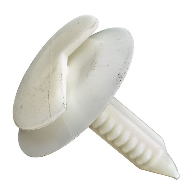 White GTi trim clip measuring 24mm x 30mm with a 6mm hole, available in packs of 30.