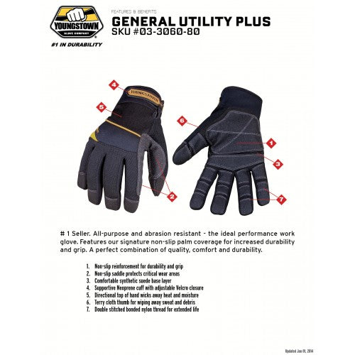 Youngstown General Utility Plus Work Gloves XL, featuring non-slip grip, durable construction, and comfort for various rugged tasks.