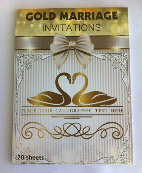 Elegant gold marriage party invitations pad featuring 20 customizable sheets, perfect for any celebration, measuring 19 x 4.5 cm.