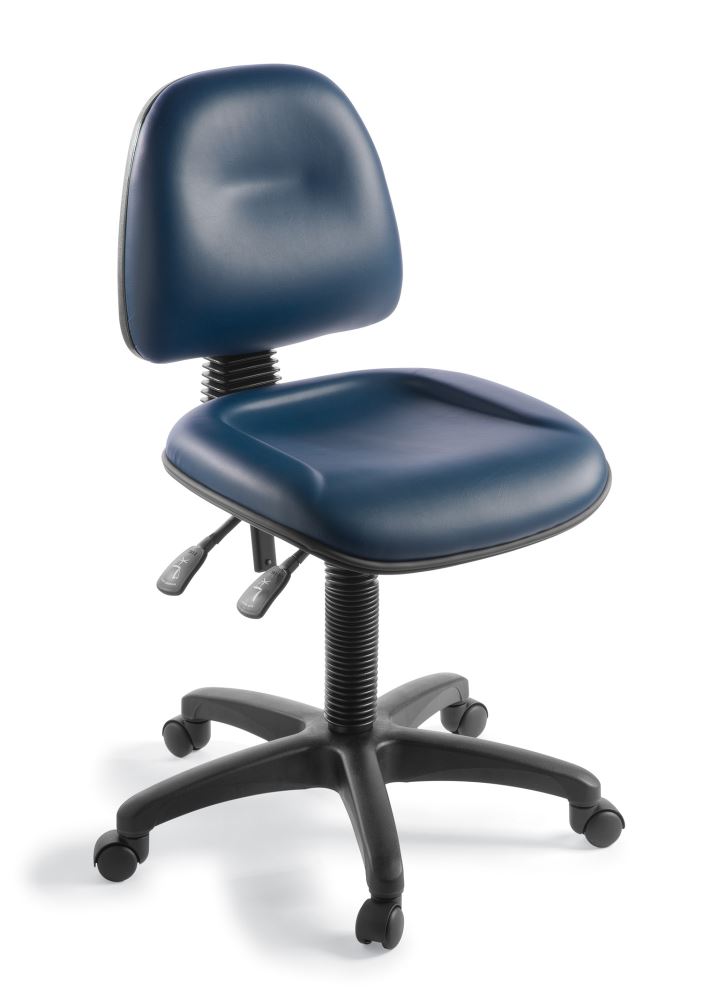 Ergonomic office chair in Charisma Navy Vinyl, featuring lumbar support, adjustable angles, and a 140kg weight capacity.