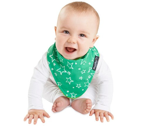 Reversible green stars and lime bandana bib for babies, featuring three layers for style and functionality.