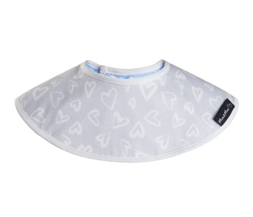 Stylish bamboo collar bib with grey hearts and cornflower dots, offering 360-degree coverage and reversible designs.