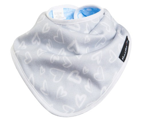 Bamboo Bandana Bib with Grey Hearts and Cornflower Dot pattern, featuring a soft, waterproof, and reversible design for stylish infants.
