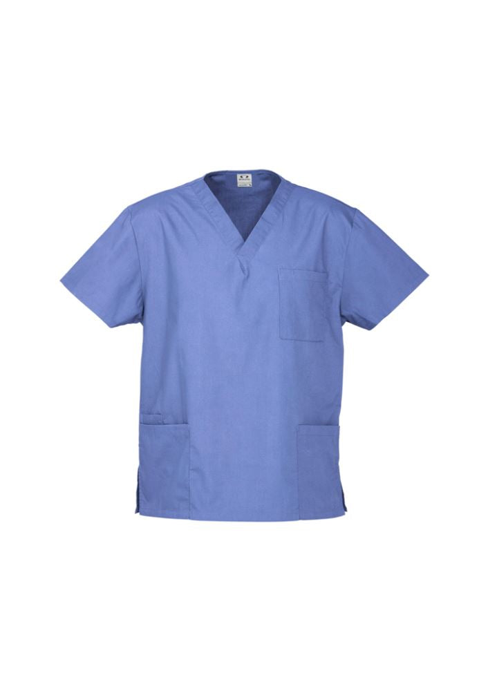 Unisex Mid Blue Scrubs Top in size M, designed for comfort, featuring multiple pockets for healthcare professionals.