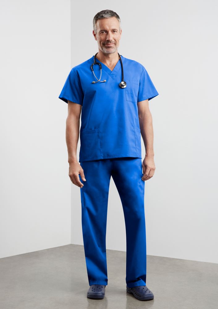 Unisex Classic Scrubs Top in mid blue, size 3XL, features soft fabric, pockets, and a comfortable fit for healthcare professionals.