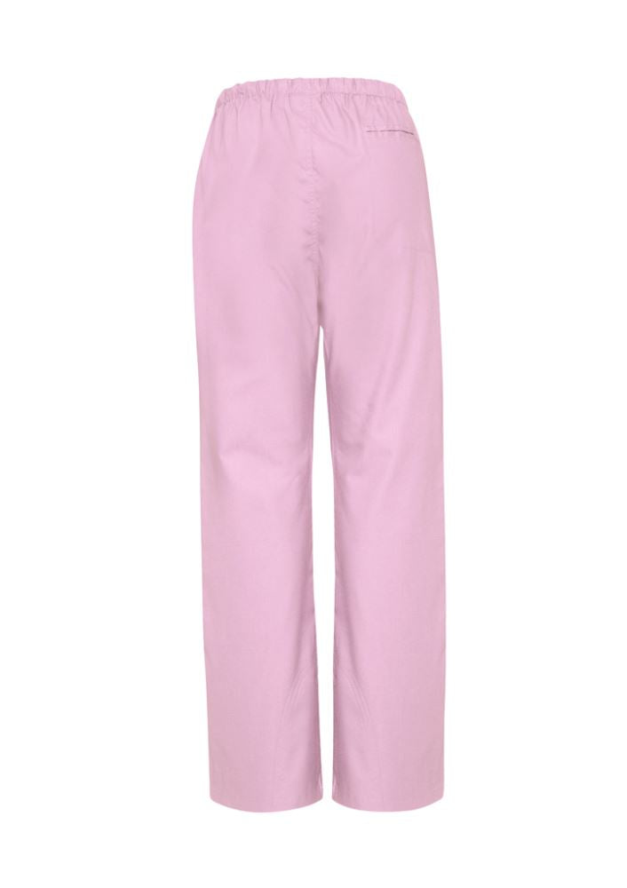 Ladies classic bootleg scrubs pants in baby pink, made from soft, breathable fabric with pockets and elastic waistband for comfort.