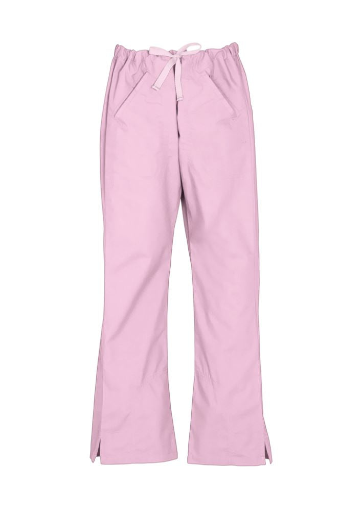 Ladies bootleg scrubs pant in baby pink, size XXS, featuring soft stretch fabric, stylish pockets, and a comfortable fit.