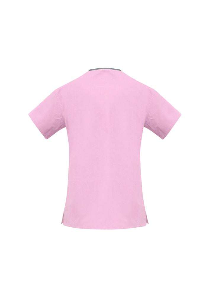 Ladies Baby Pink/Pewter crossover scrubs top in 4XL, featuring contrast trim, pockets, and comfortable, durable fabric.