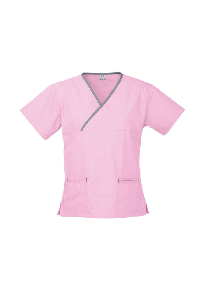 Ladies baby pink and pewter crossover scrubs top, size XL, featuring contrast trim and pockets for healthcare professionals.