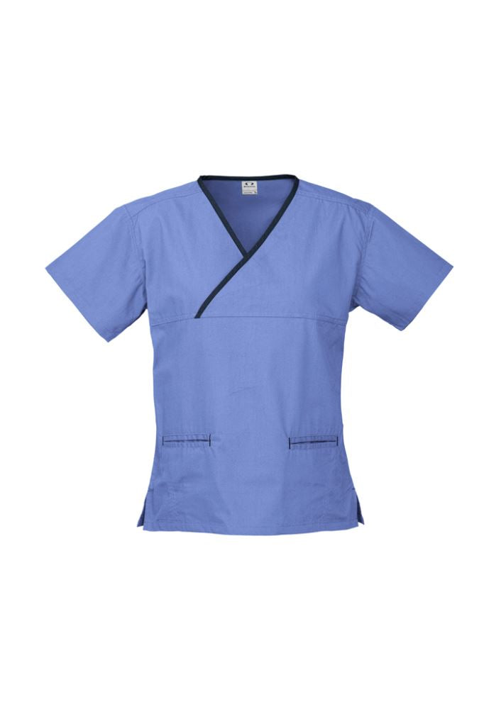 Mid Blue/Navy ladies' crossover scrubs top with contrast trim, two pockets, and side splits for enhanced mobility and style.