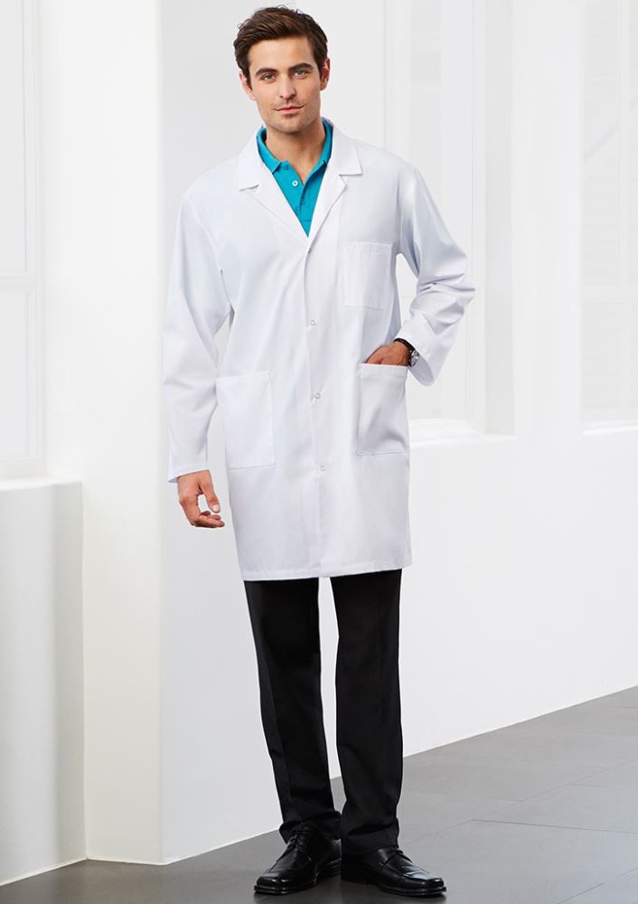 Unisex 2XL white lab coat with notched collar, chest pocket, and 3/4 length for professionals in healthcare and education.