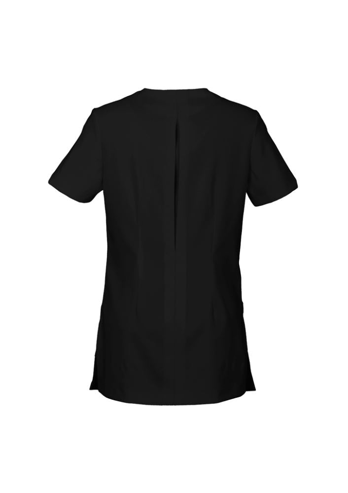 Ladies Eden Tunic in black, size 8; features semi-fitted design, collarless V-neck, and functional pockets for stylish comfort.